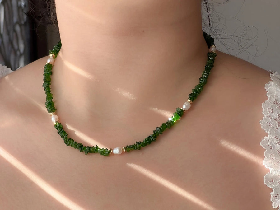 Chrome Diopside Necklace, Freshwater Pearl Stations, Boho Gemstone Jewelry
