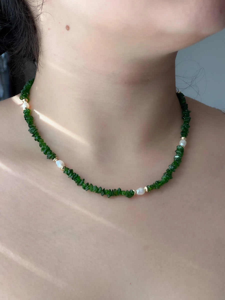 Chrome Diopside Necklace, Freshwater Pearl Stations, Boho Gemstone Jewelry