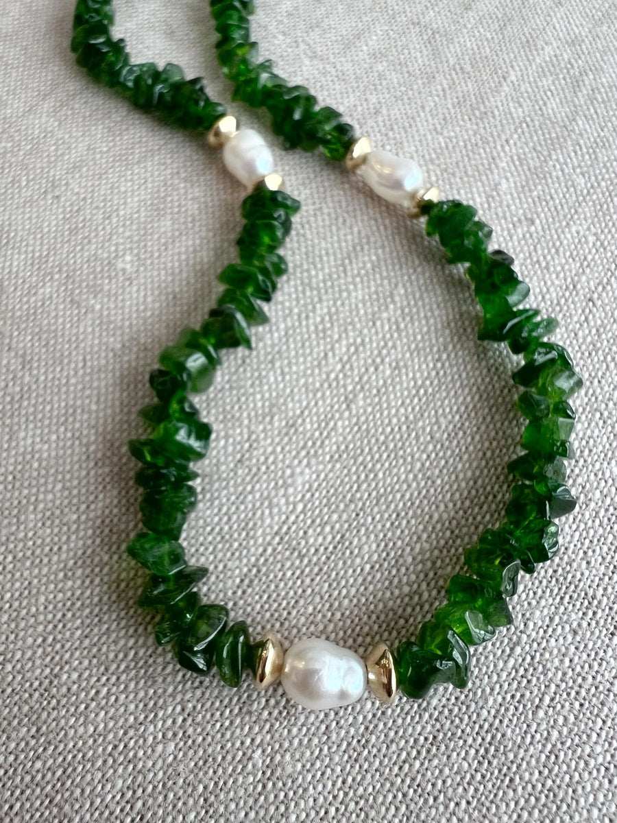 Chrome Diopside Necklace, Freshwater Pearl Stations, Boho Gemstone Jewelry