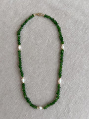 Chrome Diopside Necklace, Freshwater Pearl Stations, Boho Gemstone Jewelry