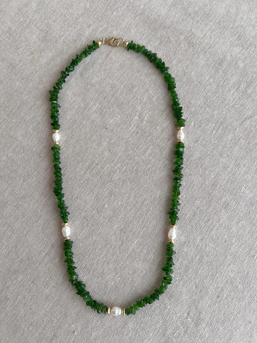 Chrome Diopside Necklace, Freshwater Pearl Stations, Boho Gemstone Jewelry