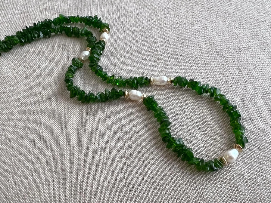 Chrome Diopside Necklace, Freshwater Pearl Stations, Boho Gemstone Jewelry