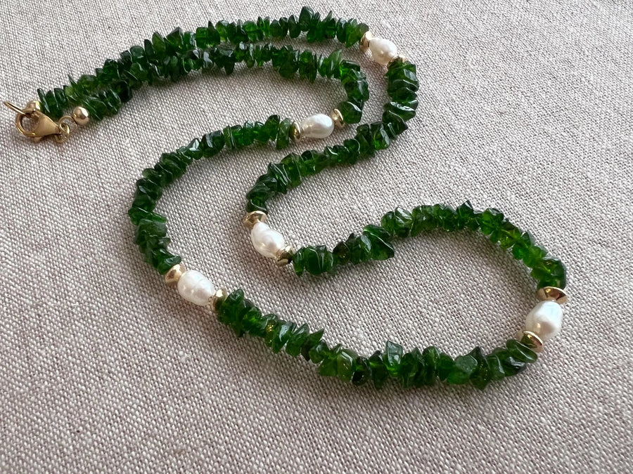 Chrome Diopside Necklace, Freshwater Pearl Stations, Boho Gemstone Jewelry