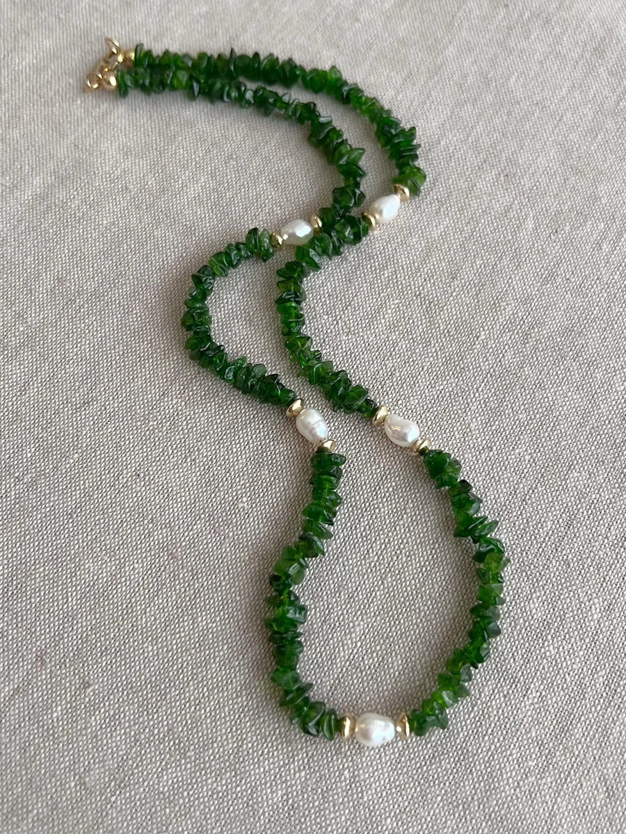 Chrome Diopside Necklace, Freshwater Pearl Stations, Boho Gemstone Jewelry