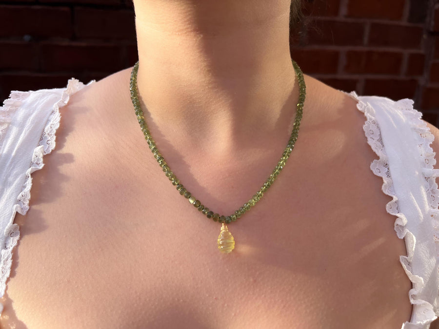 Kyanite Necklace, Carved Lemon Quartz Pendant, Boho Gemstone Jewelry