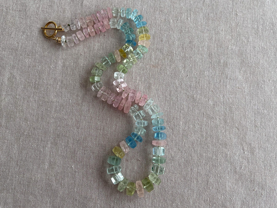 Aquamarine and Morganite Necklace, Hexagon Bolt Cut, Fine Boho Gemstone Jewelry