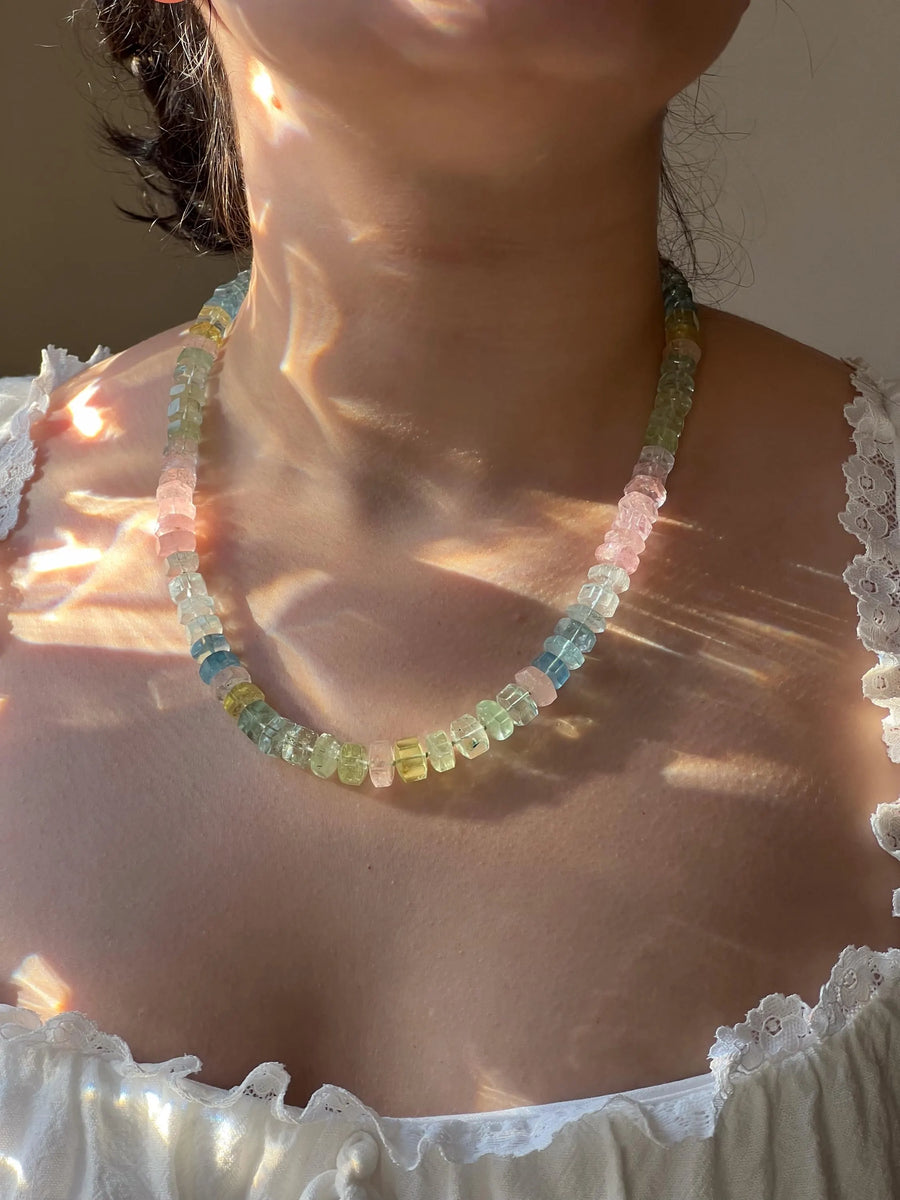 Aquamarine and Morganite Necklace, Hexagon Bolt Cut, Fine Boho Gemstone Jewelry