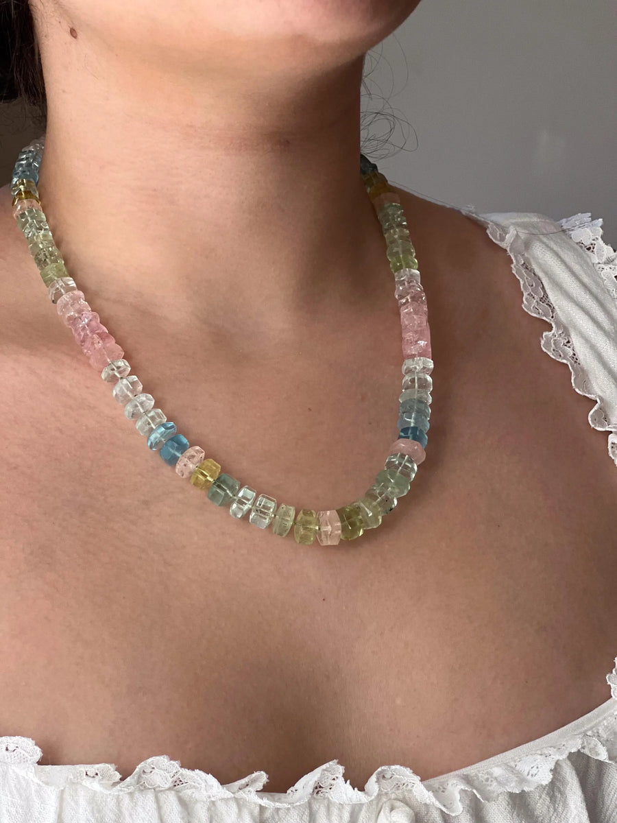 Aquamarine and Morganite Necklace, Hexagon Bolt Cut, Fine Boho Gemstone Jewelry