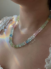 Aquamarine and Morganite Necklace, Hexagon Bolt Cut, Fine Boho Gemstone Jewelry