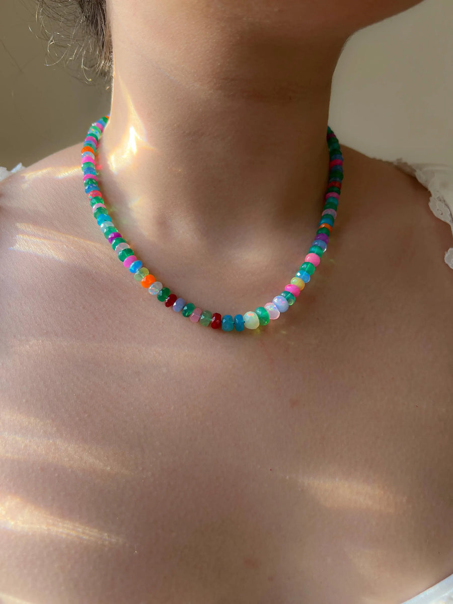 Multi Colored Opals Necklace, Boho Gemstone Jewelry, Hand Knotted Gemstones
