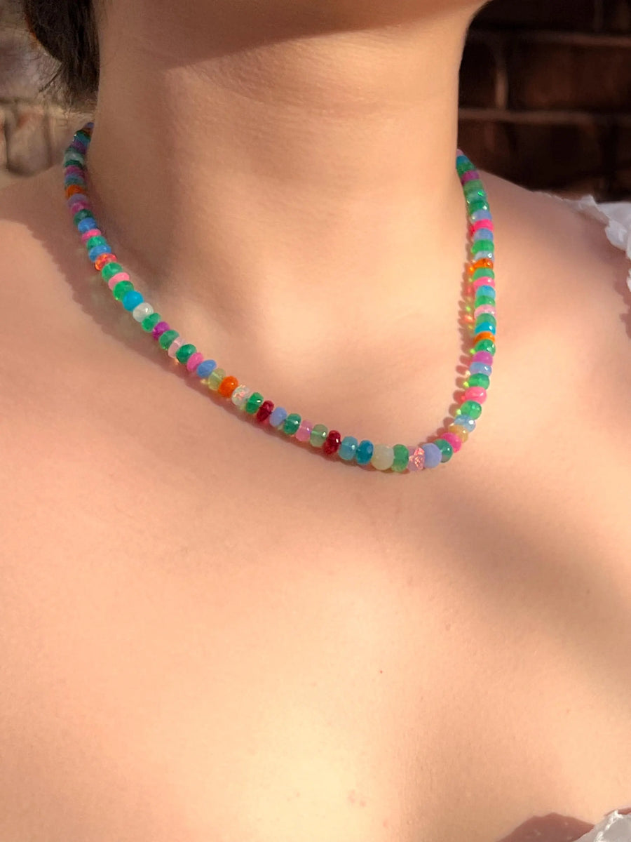 Multi Colored Opals Necklace, Boho Gemstone Jewelry, Hand Knotted Gemstones