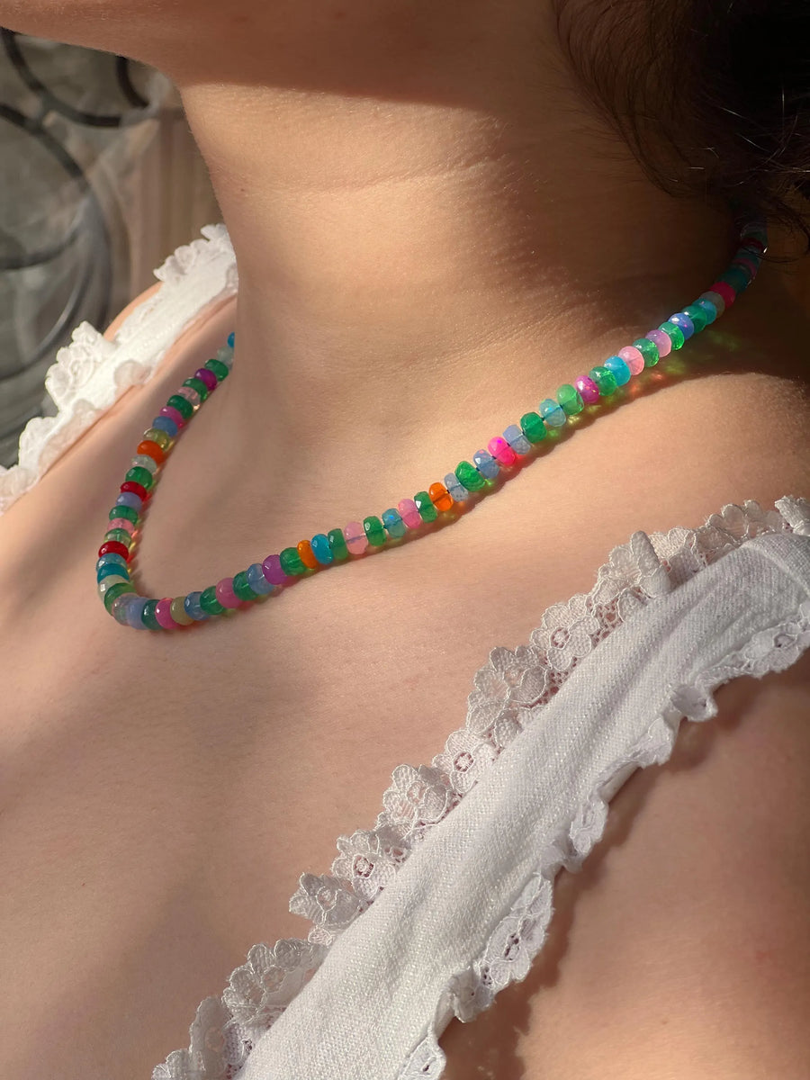 Multi Colored Opals Necklace, Boho Gemstone Jewelry, Hand Knotted Gemstones