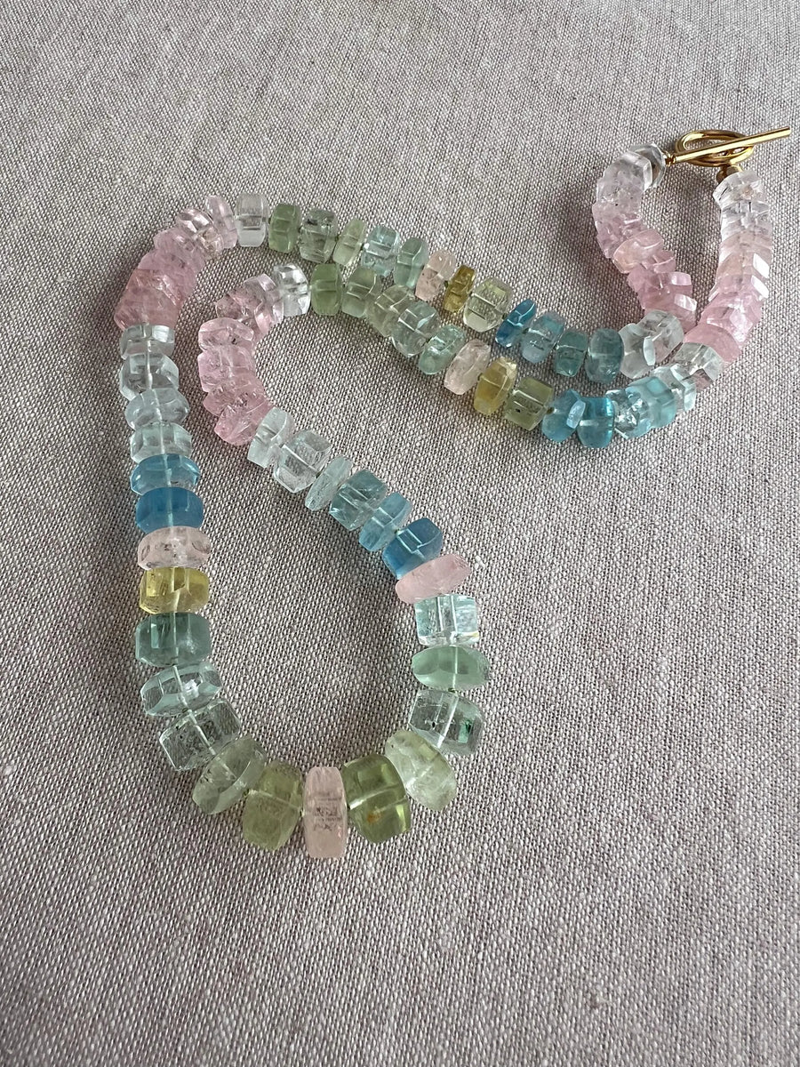 Aquamarine and Morganite Necklace, Hexagon Bolt Cut, Fine Boho Gemstone Jewelry