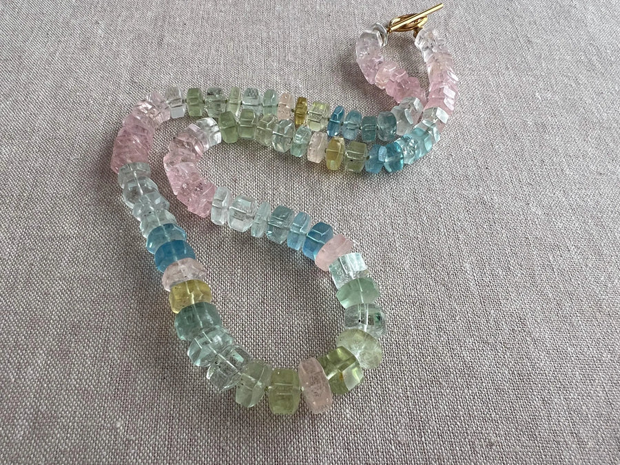 Aquamarine and Morganite Necklace, Hexagon Bolt Cut, Fine Boho Gemstone Jewelry