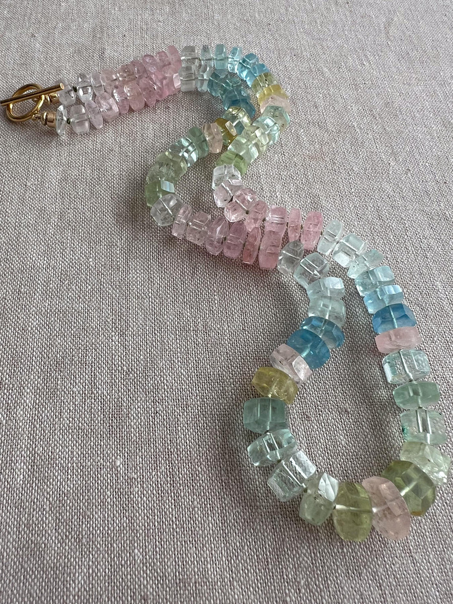 Aquamarine and Morganite Necklace, Hexagon Bolt Cut, Fine Boho Gemstone Jewelry
