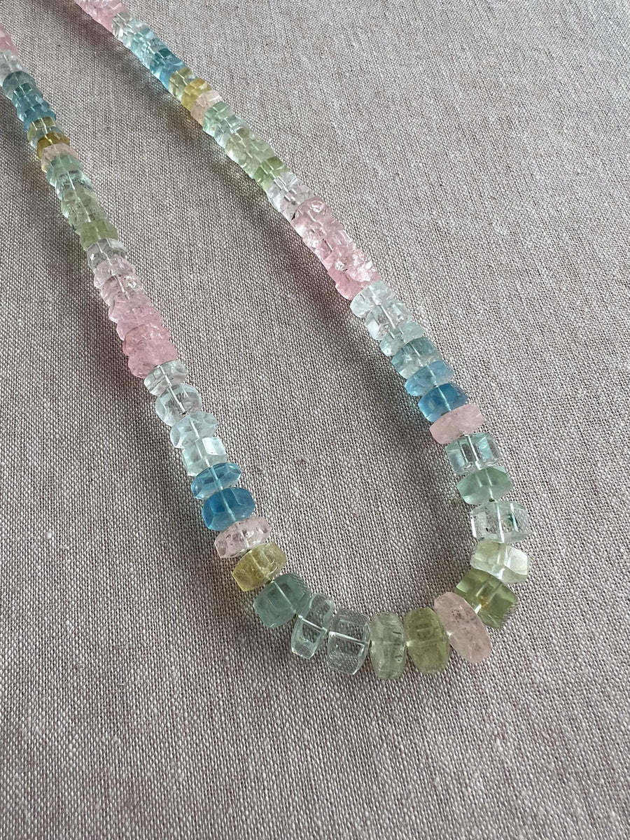 Aquamarine and Morganite Necklace, Hexagon Bolt Cut, Fine Boho Gemstone Jewelry