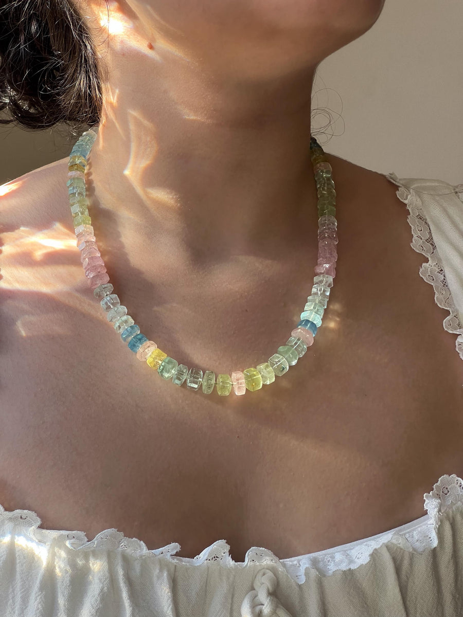 Aquamarine and Morganite Necklace, Hexagon Bolt Cut, Fine Boho Gemstone Jewelry