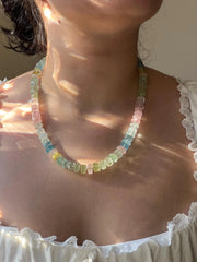 Aquamarine and Morganite Necklace, Hexagon Bolt Cut, Fine Boho Gemstone Jewelry