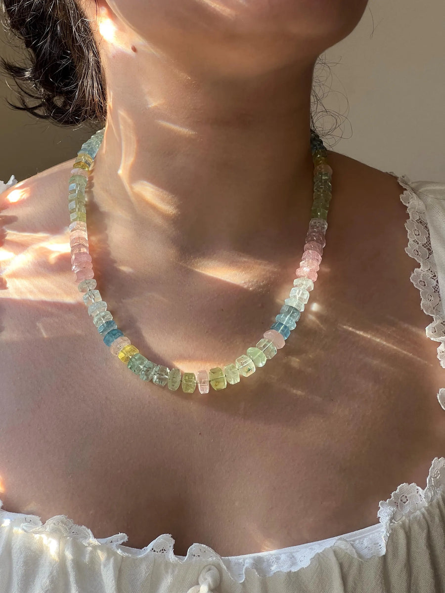 Aquamarine and Morganite Necklace, Hexagon Bolt Cut, Fine Boho Gemstone Jewelry