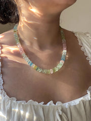 Aquamarine and Morganite Necklace, Hexagon Bolt Cut, Fine Boho Gemstone Jewelry