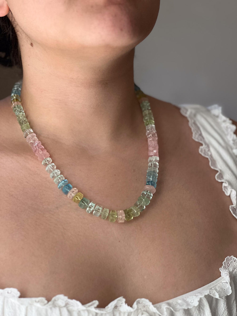 Aquamarine and Morganite Necklace, Hexagon Bolt Cut, Fine Boho Gemstone Jewelry