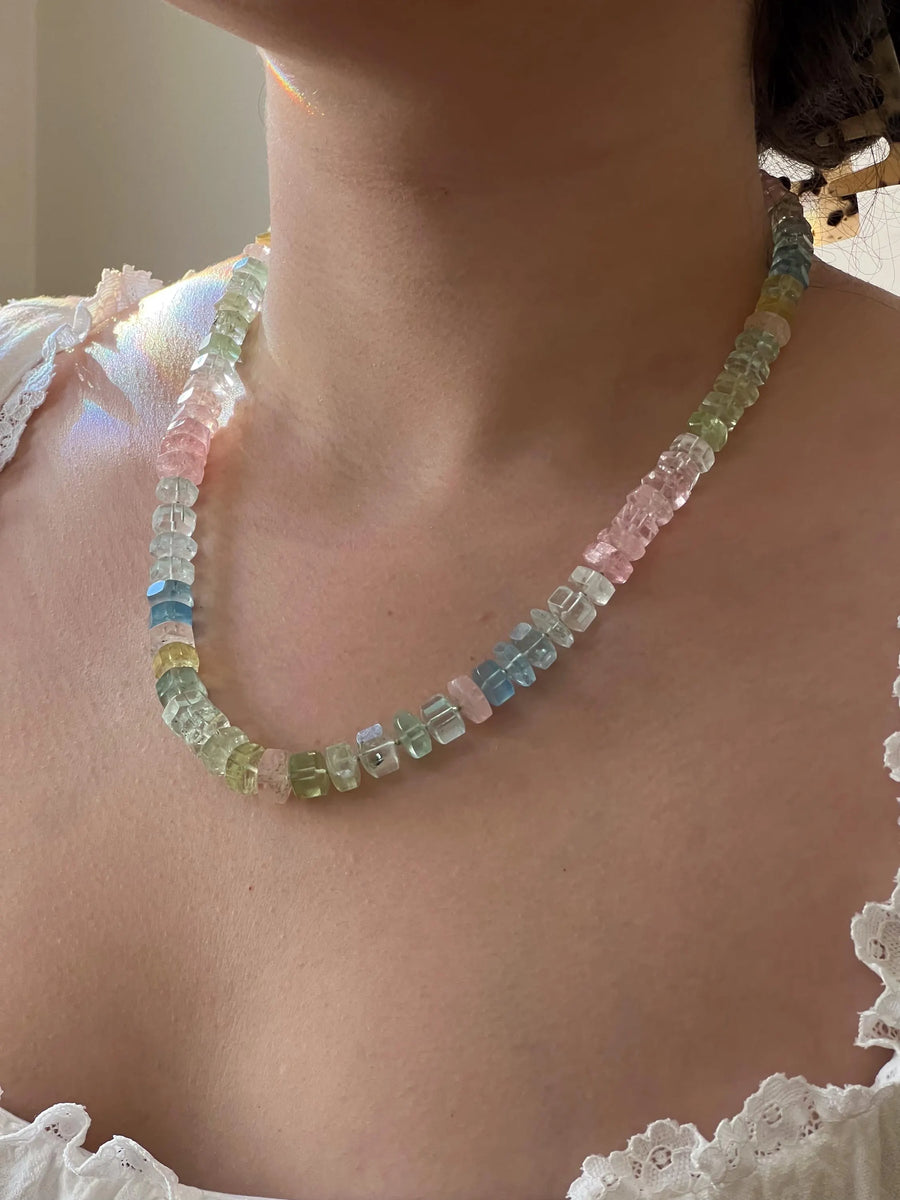 Aquamarine and Morganite Necklace, Hexagon Bolt Cut, Fine Boho Gemstone Jewelry