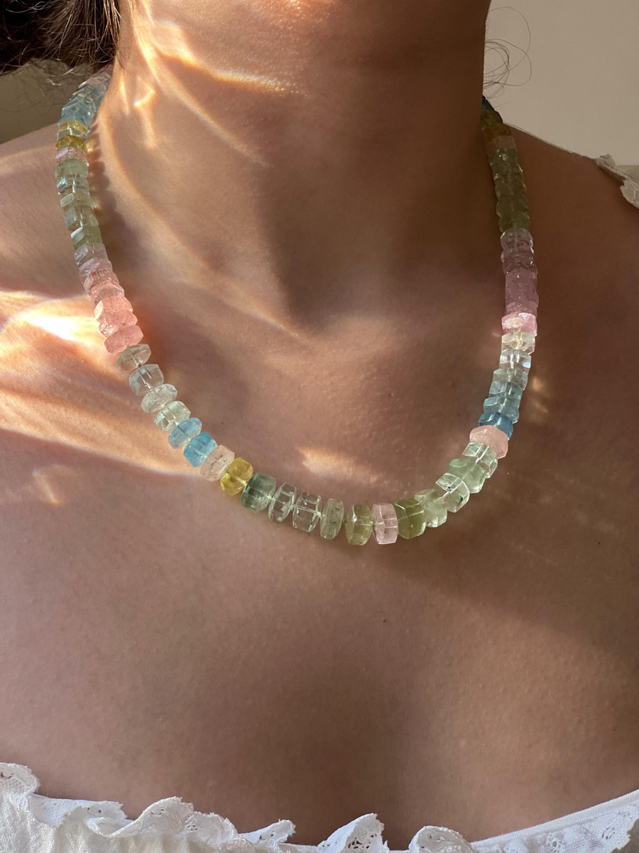 Aquamarine and Morganite Necklace, Hexagon Bolt Cut, Fine Boho Gemstone Jewelry