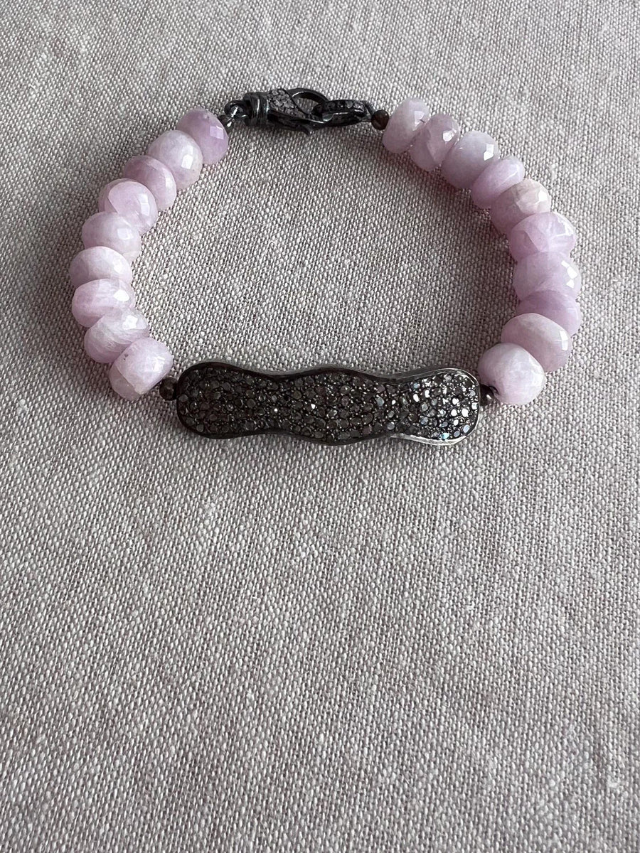 Kunzite Bracelet with Pave Diamond Bar, Boho Gemstone Jewelry
