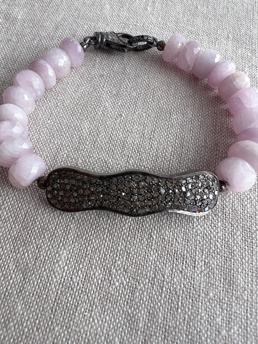 Kunzite Bracelet with Pave Diamond Bar, Boho Gemstone Jewelry