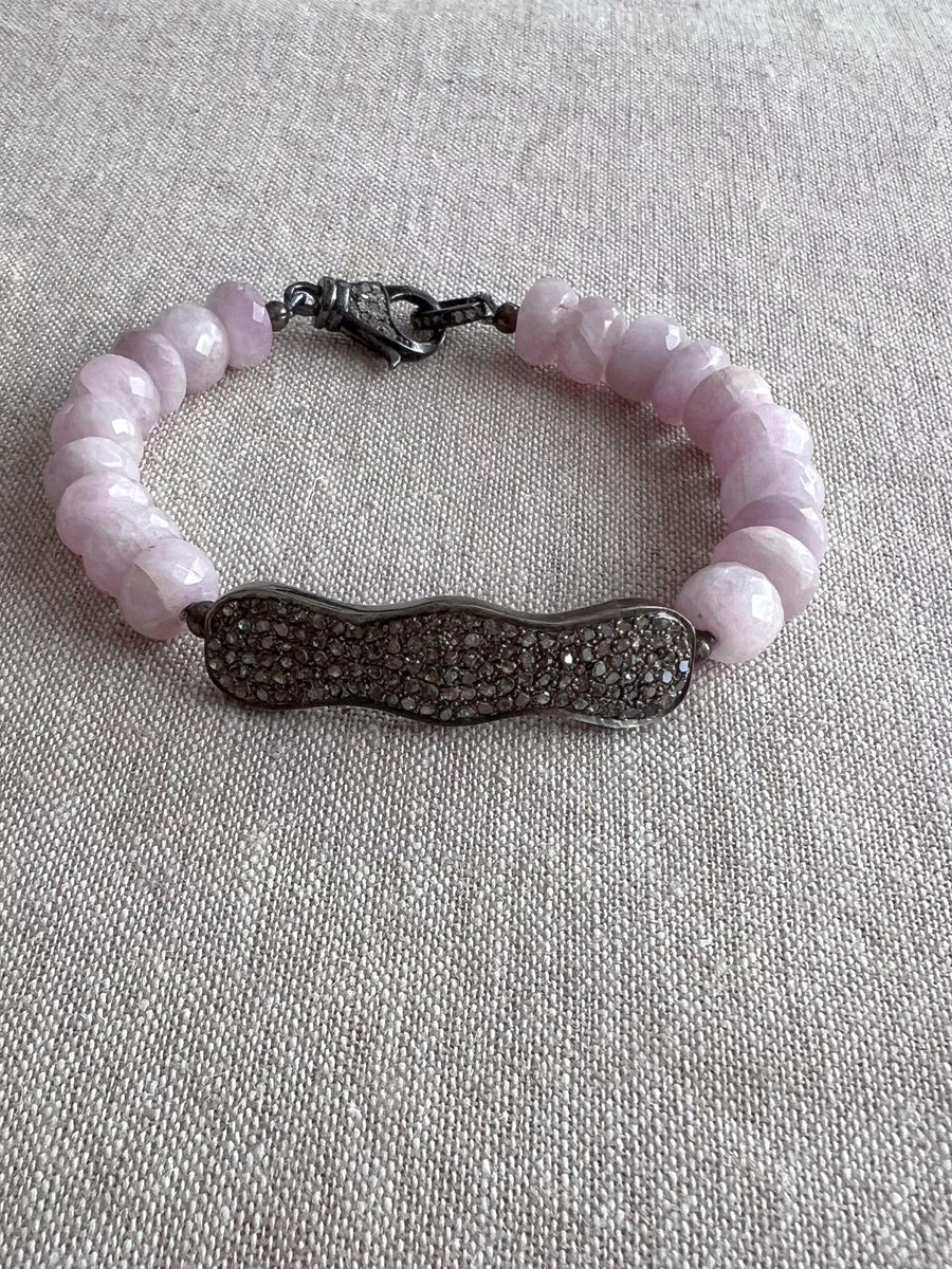 Kunzite Bracelet with Pave Diamond Bar, Boho Gemstone Jewelry
