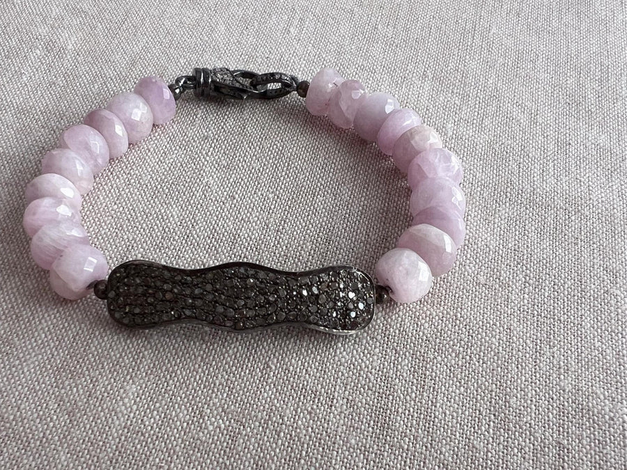 Kunzite Bracelet with Pave Diamond Bar, Boho Gemstone Jewelry