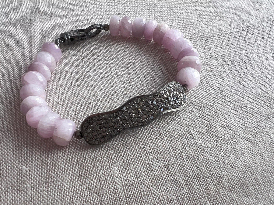 Kunzite Bracelet with Pave Diamond Bar, Boho Gemstone Jewelry