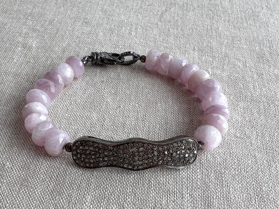 Kunzite Bracelet with Pave Diamond Bar, Boho Gemstone Jewelry