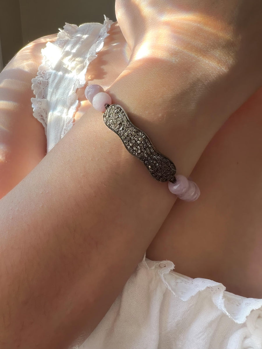 Kunzite Bracelet with Pave Diamond Bar, Boho Gemstone Jewelry