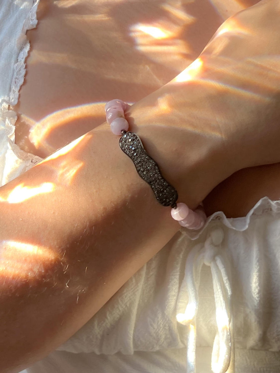 Kunzite Bracelet with Pave Diamond Bar, Boho Gemstone Jewelry