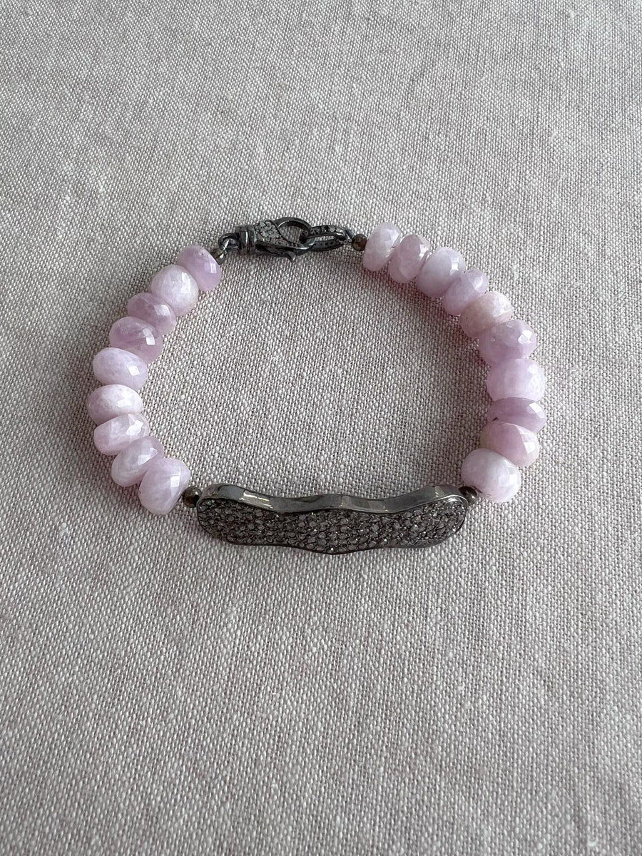 Kunzite Bracelet with Pave Diamond Bar, Boho Gemstone Jewelry