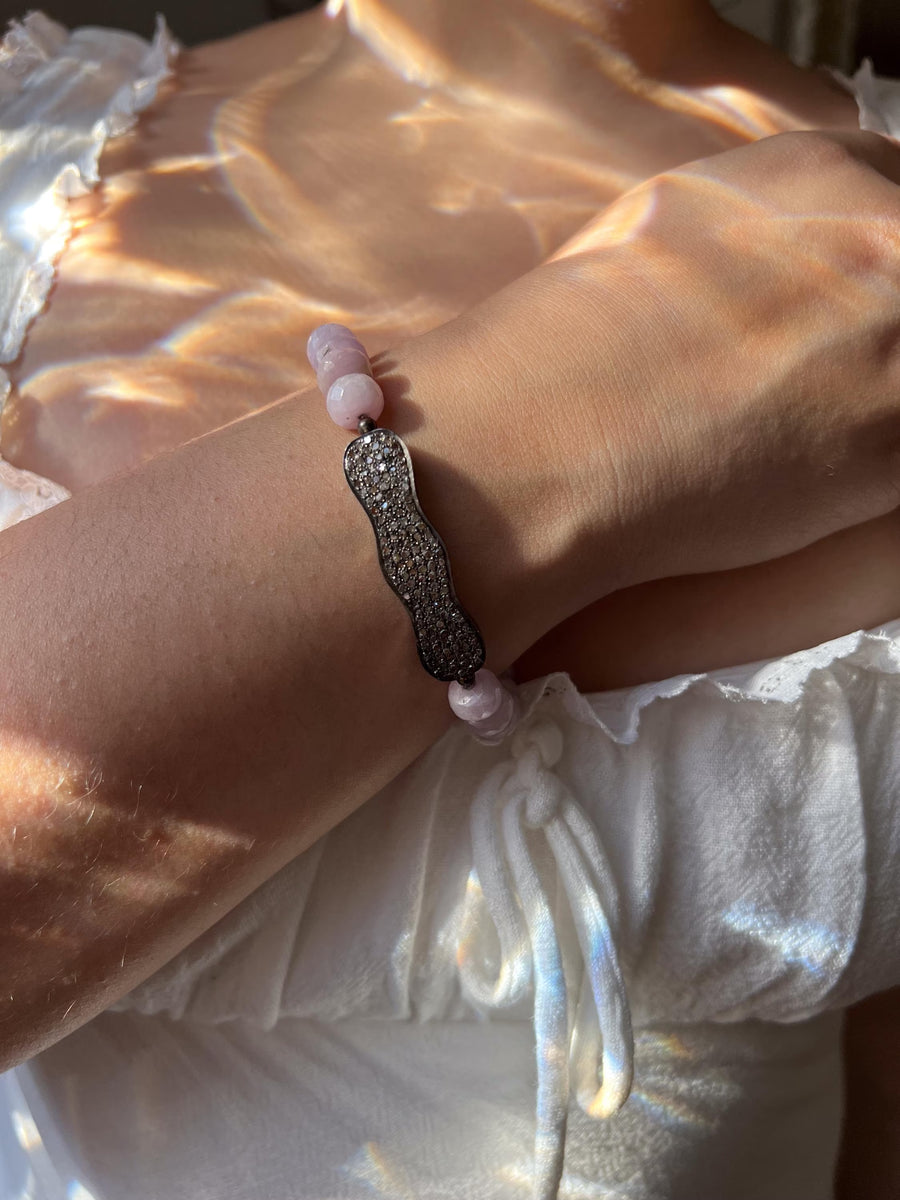 Kunzite Bracelet with Pave Diamond Bar, Boho Gemstone Jewelry