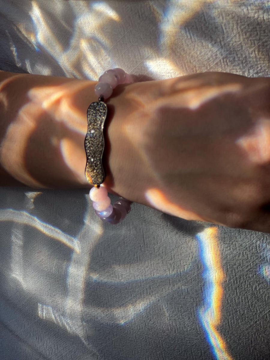 Kunzite Bracelet with Pave Diamond Bar, Boho Gemstone Jewelry