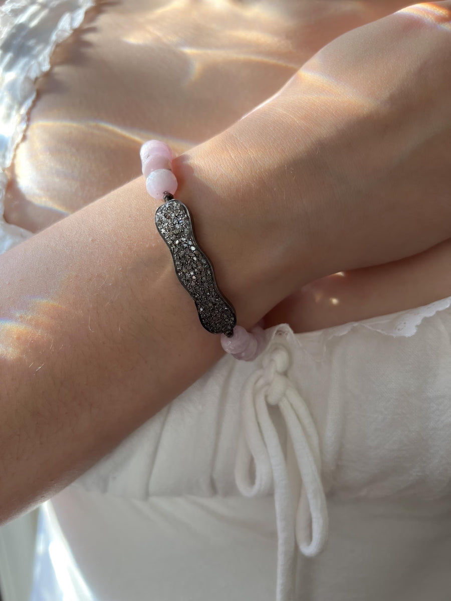 Kunzite Bracelet with Pave Diamond Bar, Boho Gemstone Jewelry