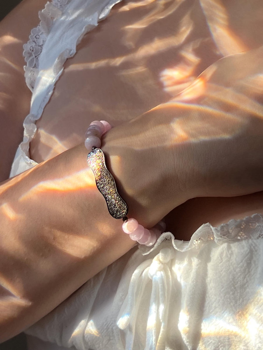 Kunzite Bracelet with Pave Diamond Bar, Boho Gemstone Jewelry