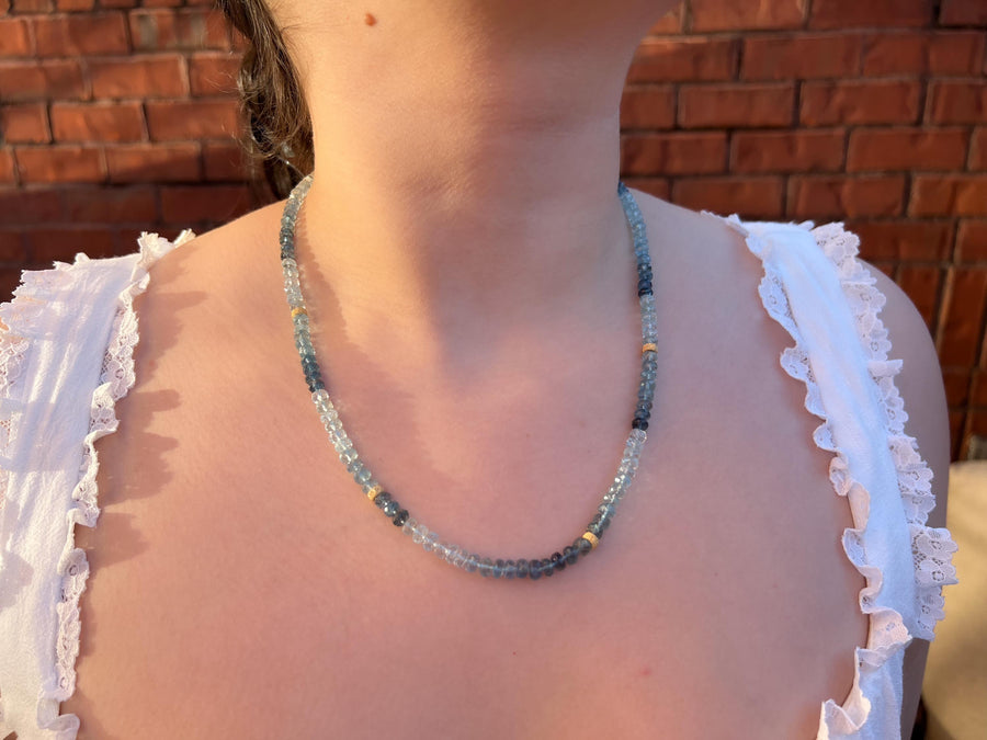 Aquamarine Shaded Necklace, Gold Stardust Accents, Boho Gemstone Jewelry