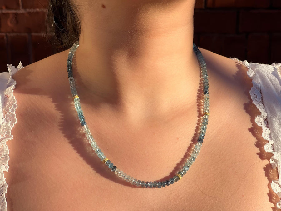 Aquamarine Shaded Necklace, Gold Stardust Accents, Boho Gemstone Jewelry