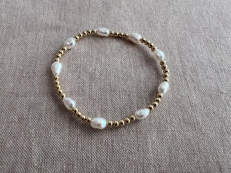 Gold Bead and Baroque Pearl Bracelet, Stretch Bracelet, Boho Jewelry