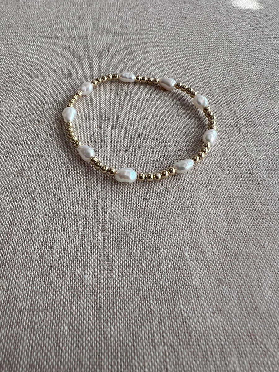 Gold Bead and Baroque Pearl Bracelet, Stretch Bracelet, Boho Jewelry