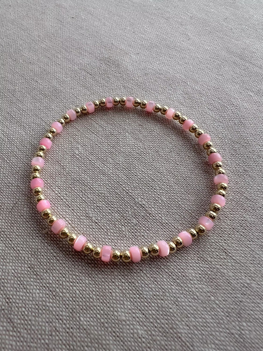 Gold Bead Bracelet with Pink Shell Pearl Accents, 14k Gold Filled, Stretch Bracelets