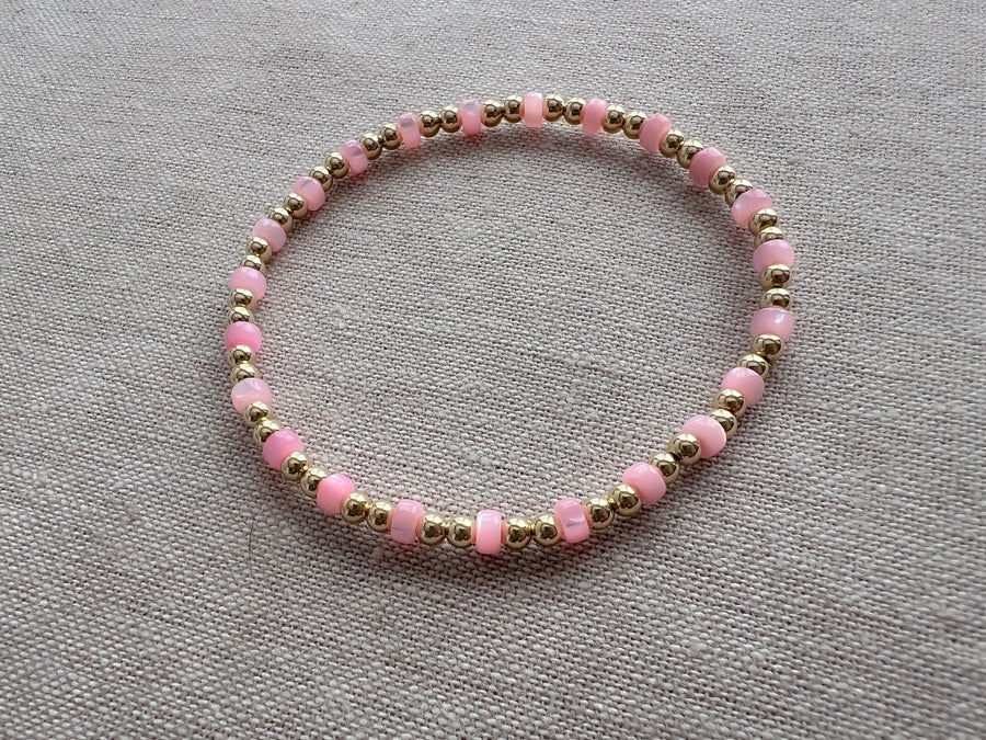 Gold Bead Bracelet with Pink Shell Pearl Accents, 14k Gold Filled, Stretch Bracelets