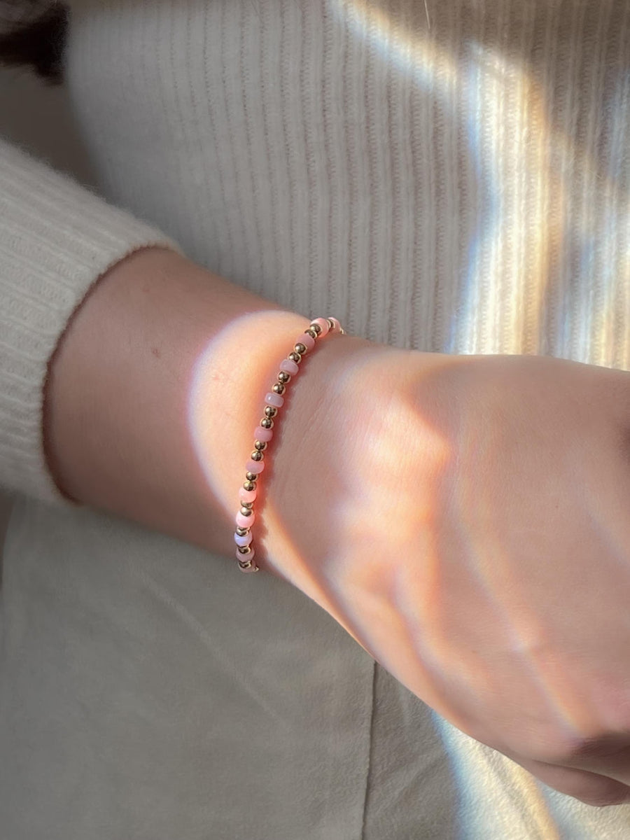 Gold Bead Bracelet with Pink Shell Pearl Accents, 14k Gold Filled, Stretch Bracelets