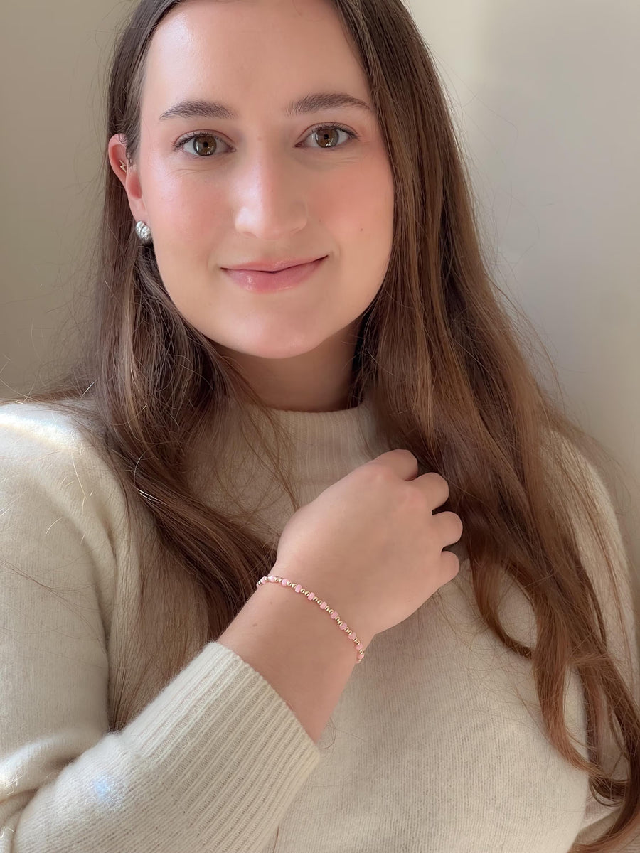 Gold Bead Bracelet with Pink Shell Pearl Accents, 14k Gold Filled, Stretch Bracelets