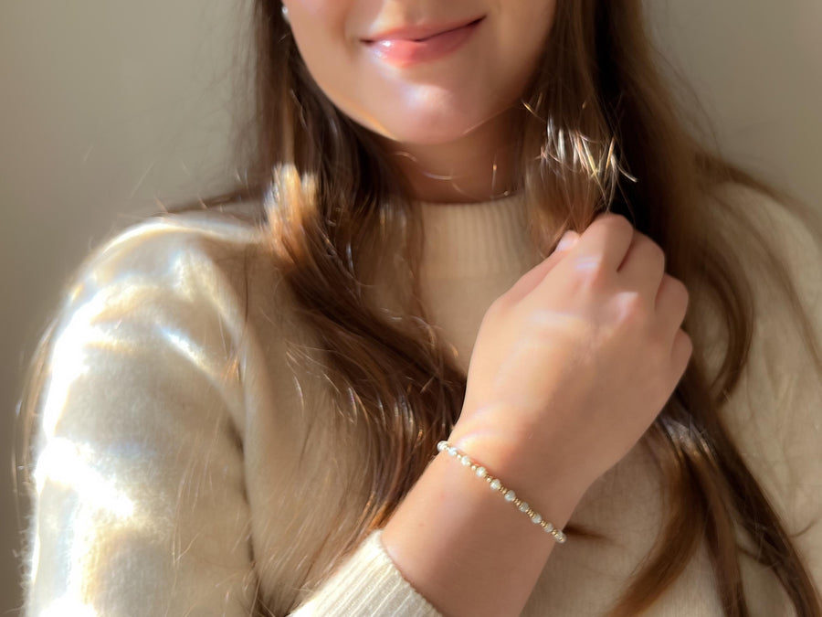 Gold Bead and Blue Pearl Bracelet, 14k Gold Filled, Boho Jewelry