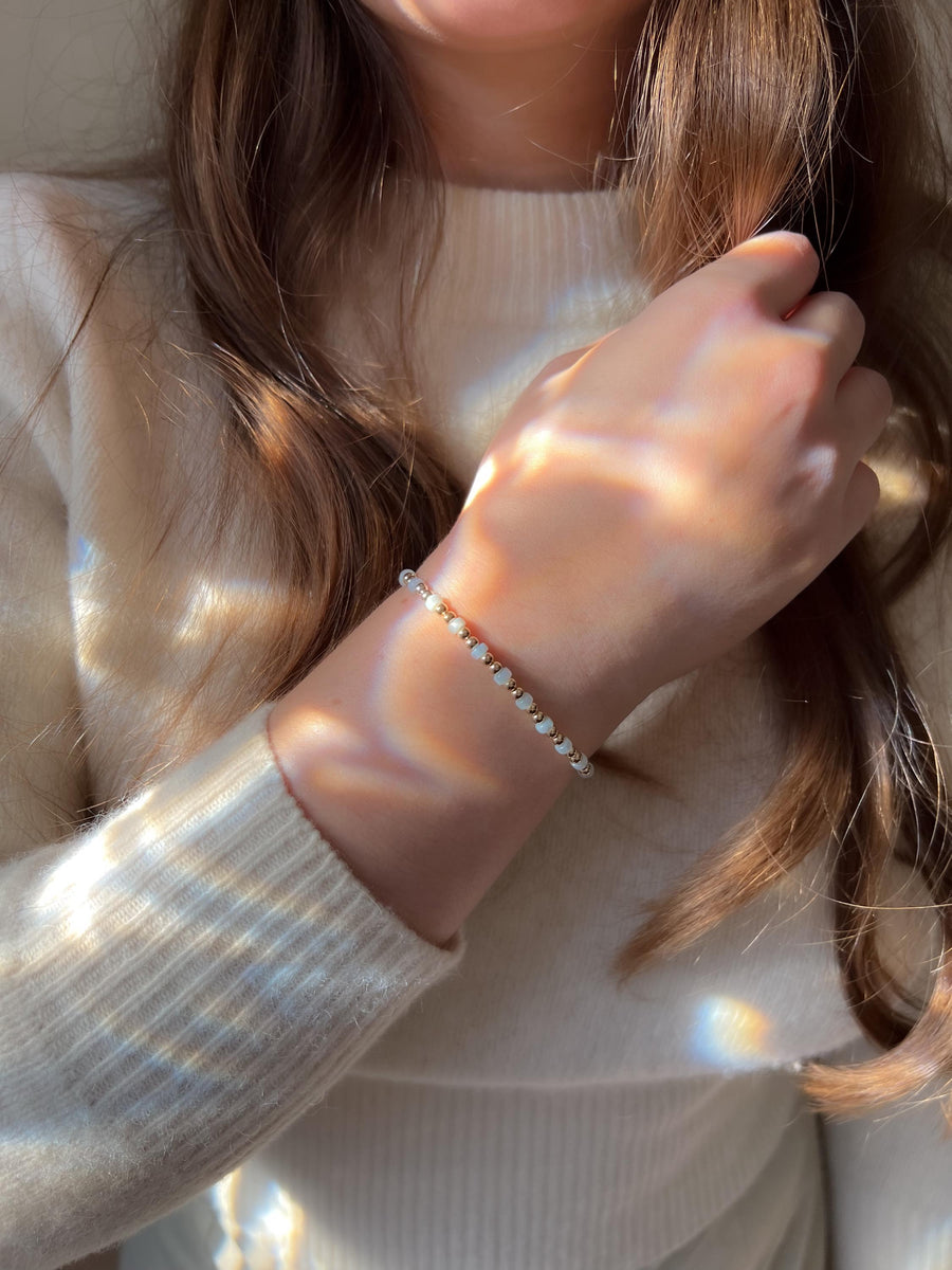 Gold Bead and Blue Pearl Bracelet, 14k Gold Filled, Boho Jewelry